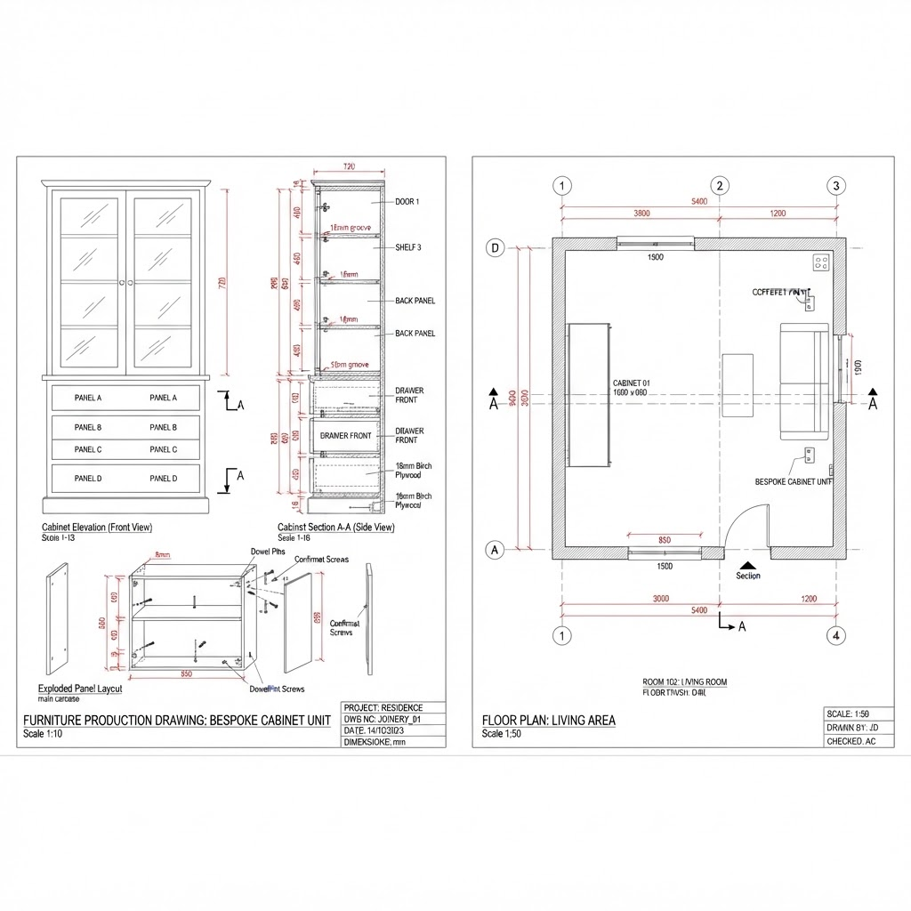 Production-ready CAD drawings — furniture joinery drawing and floor plan with millimetre DWG and DXF dimensions
