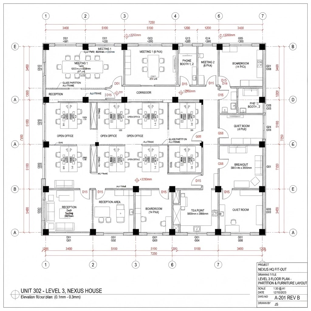 Fit-out survey converted into precise CAD floor plans, DWG and DXF drawings with millimetre dimensions