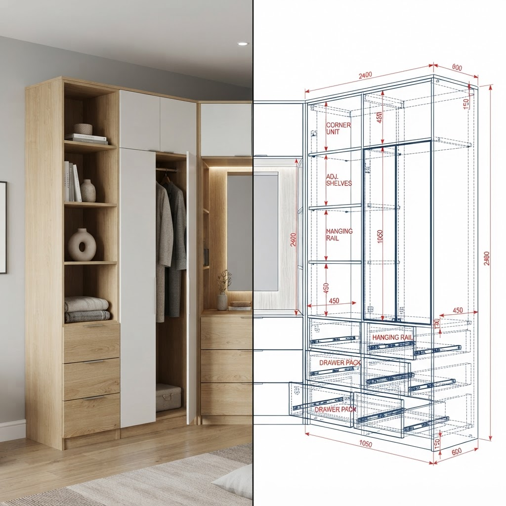 Built-in furniture survey converted into precise 3D CAD and 2D DWG drawings for cabinet and wardrobe production in Dubai and the UAE