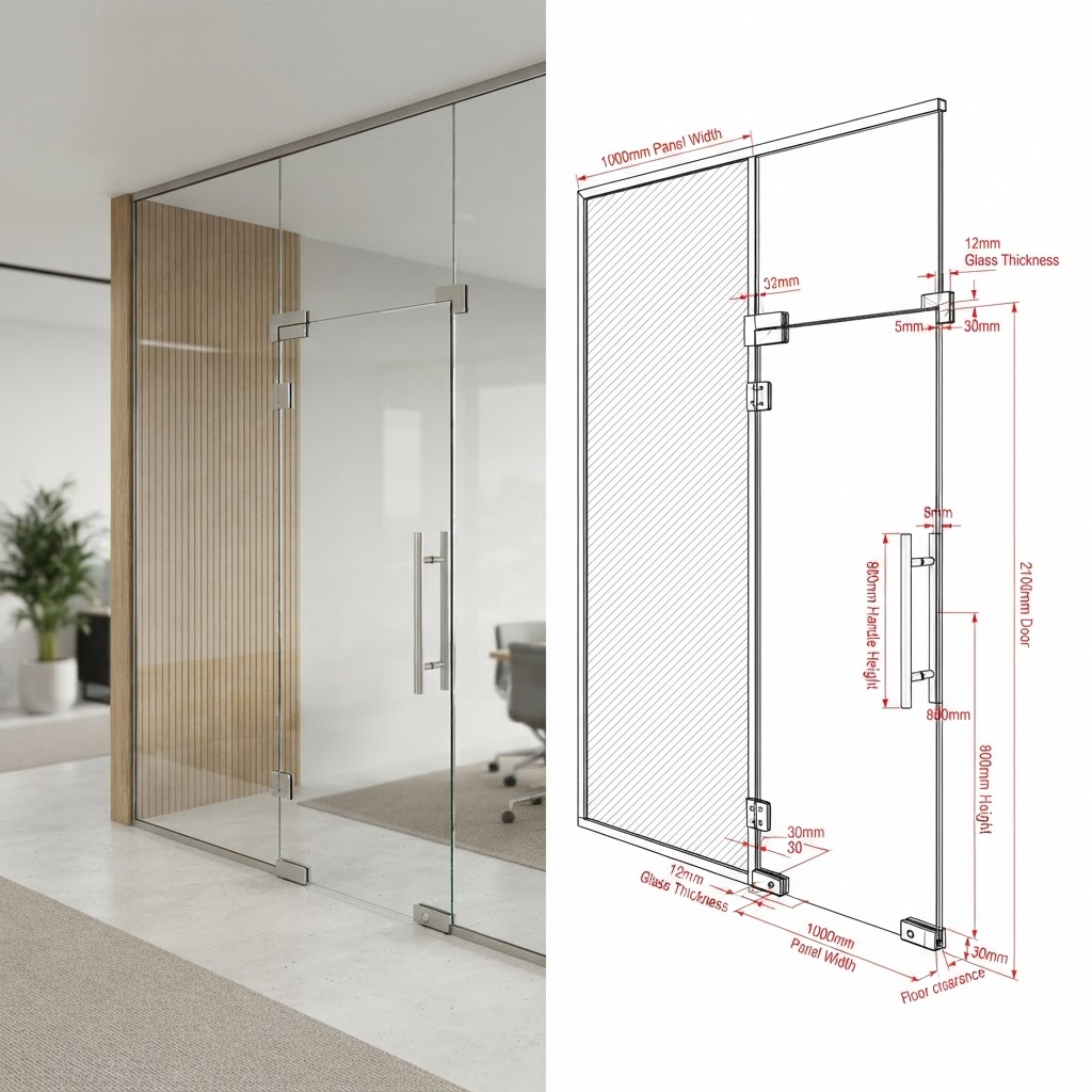 Glass partition survey converted into precise dimensioned 2D DWG cut templates and 3D as-built CAD model for glass fabrication and installation in Dubai and the UAE
