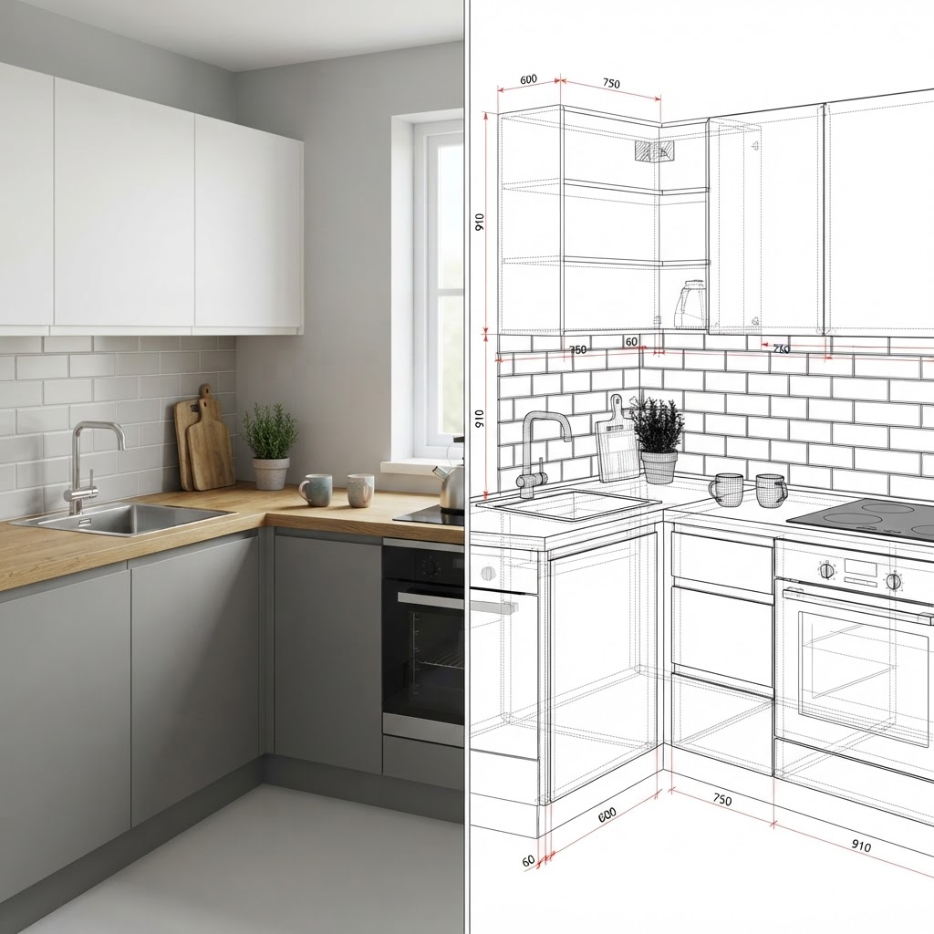 Kitchen survey converted into precise 3D CAD and 2D DWG drawings for production in Dubai and the UAE