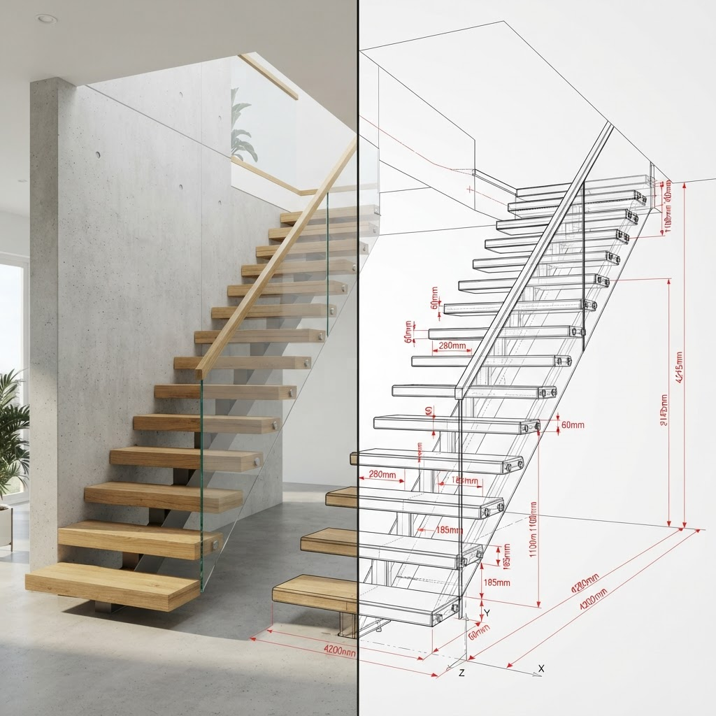 Staircase survey converted into precise 3D CAD and 2D DWG templates for wooden, glass, stone and steel staircase fabrication in Dubai and the UAE