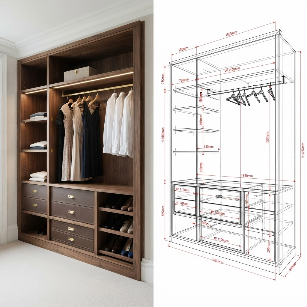 Wardrobe survey converted into precise dimensioned 2D DWG plans, elevations and 3D as-built CAD model for wardrobe manufacturing and installation in Dubai and the UAE